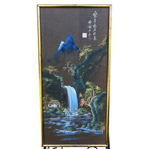 Rare Vintage Chinoserie Christian Bible Verse Waterfall Cottage Painting